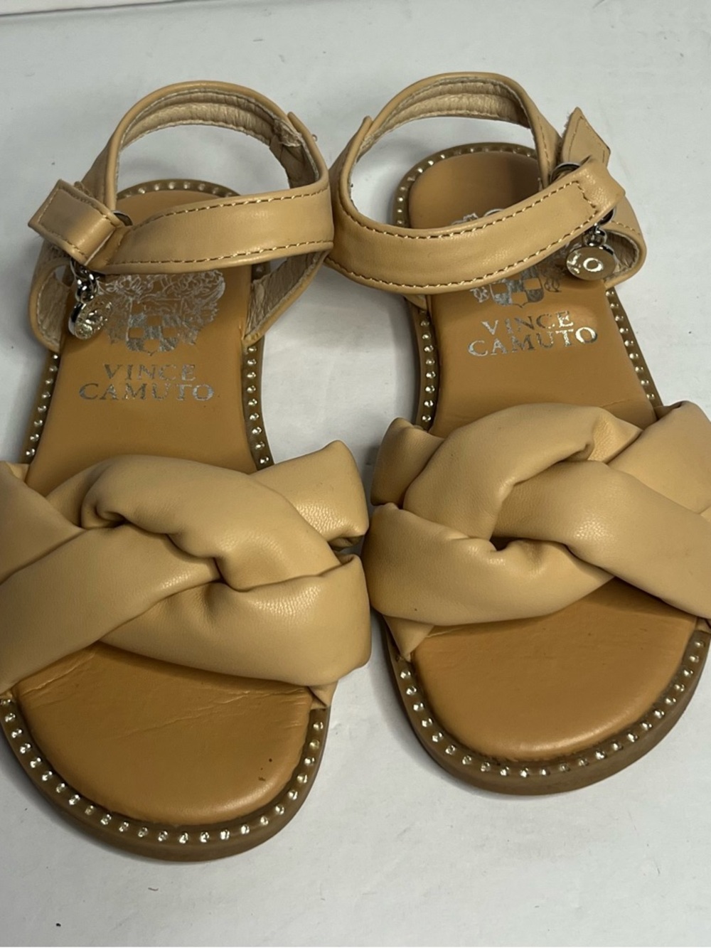 Vince Camuto Braided Front Tan Leather-Look Sandals with Ankle Charm